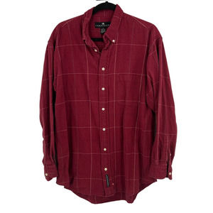 Vintage Shacket Flannel Red Tan Plaid Button Down Cozy Long Sleeve Men's Large T